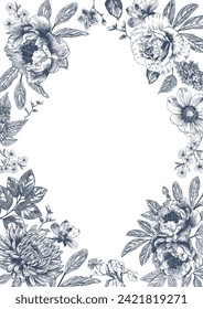 Botanical blue wedding frame or wreath on white background. Hand drawn floral, flower, leaf branch in toile de jouy style. Line art for wedding, monogram, invitation, greeting, logo, birthday cards.