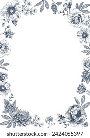 Marco botánico azul de la boda o corona sobre fondo blanco. Floral, floral, floral, bifurcación de hojas en estilo toile de jouy. Línea de arte para boda, monograma, invitación, saludo, logotipo, tarjetas de cumpleaños.