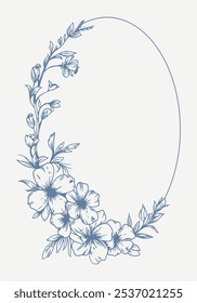 Quadro de casamento ou coroa azul botânica em fundo branco. Mão desenhado floral, flor, ramo de folha em estilo toile de jouy. Arte em linha para casamento, monograma, convite, saudação, logotipo, cartões de aniversário.