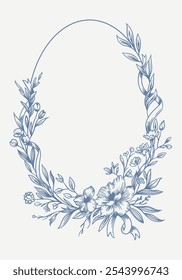 Botanical blue wedding frame or wreath on white background. Hand drawn floral, flower, leaf branch in toile de jouy style. Line art for wedding, monogram, invitation, greeting, logo, birthday cards.