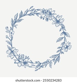 Botanical blue wedding frame or wreath on white background. Hand drawn floral, flower, leaf branch in toile de jouy style. Line art for wedding, monogram, invitation, greeting, logo, birthday cards.