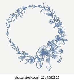 Botanical blue wedding frame or wreath on white background. Hand drawn floral, flower, leaf branch in toile de jouy style. Line art for wedding, monogram, invitation, greeting, logo, birthday cards.