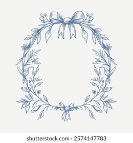 Botanical blue wedding frame or wreath on white background. Hand drawn floral, flower, leaf branch in toile de jouy style. Line art for wedding, monogram, invitation, greeting, logo, birthday cards.