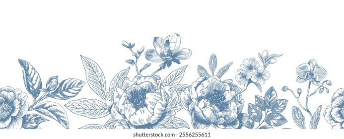 Botanical blue wedding seamless borer with flower on white background. Hand drawn floral, flower and leaf branch in toile de jouy style. Line art for wedding invitation, greeting birthday cards.