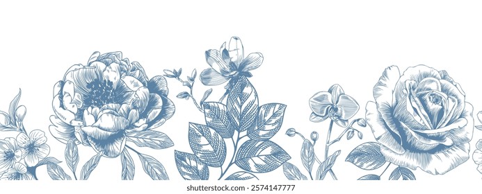 Botanical blue wedding seamless borer with flower on white background. Hand drawn floral, flower and leaf branch in toile de jouy style. Line art for wedding invitation, greeting birthday cards.