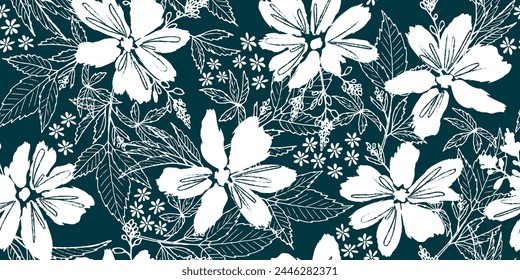 Botanical blue and white monochrome seamless floral pattern. Background of large and small white flowers and leaves. Plant elements are scattered across a dark blue background.