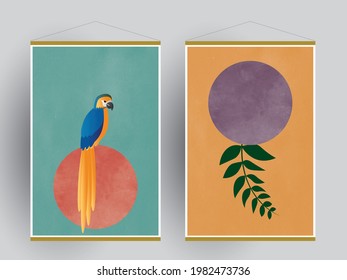 Botanical boho background vector set with parrot. Abstract Plant Art design for print, cover, wallpaper.