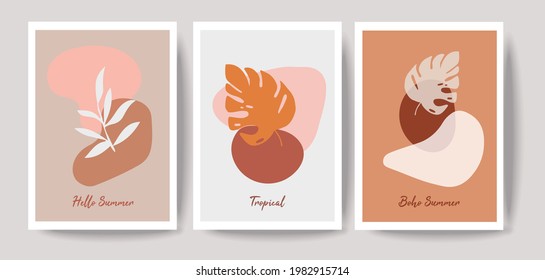  Botanical boho cards. Hello  summer abstract art drawing. Works for wall framed prints, social media post, poster, home decor, cover, wallpaper, banner
