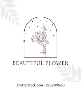 Elemento botánico Boho Floral mano Dibujo logotipo de arte de línea femenina con Flor salvaje y hojas. Logo para spa y salón de belleza, boutique, tienda orgánica, cosmética, yoga, interior, fotografía, baby shop, 