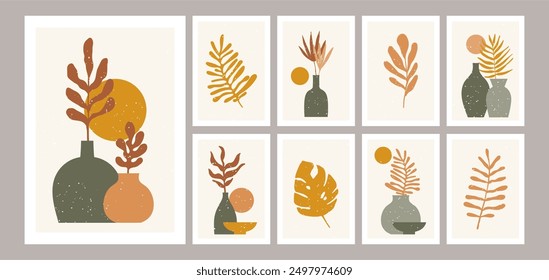 Botanical Boho poster. Abstract minimal vases with plants. Bohemian aesthetic composition with pottery and foliage, leaves for cards, floral posters, interior wall organic decor. Vector bauhaus set.