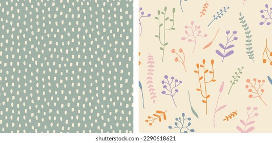 Botanical boho style seamless pattern. Flower, leaf, plats hand painted, drawing vector artwork. 