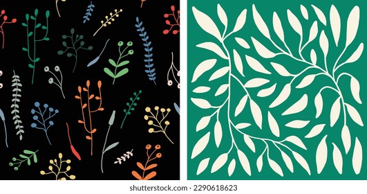 Botanical boho style seamless pattern. Flower, leaf, plats hand painted, drawing vector artwork. 