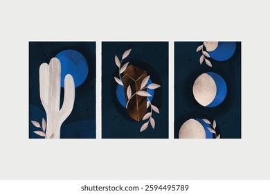 Botanical Boho wall art vector set. Earth tone boho foliage line art drawing with  abstract shape.  Abstract Plant Art design for print, cover, wallpaper, Minimal and  natural wall art.