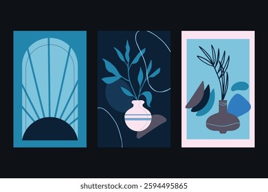 Botanical Boho wall art vector set. Earth tone boho foliage line art drawing with  abstract shape.  Abstract Plant Art design for print, cover, wallpaper, Minimal and  natural wall art.