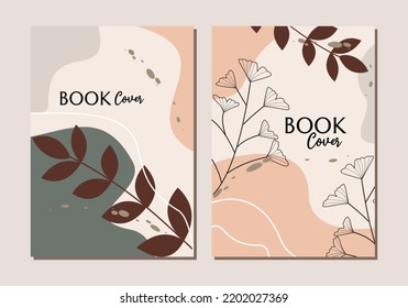 Botanical book cover vector set. boho Foliage line art drawing with abstract shape. can use for print, cover, wallpaper, Minimal and natural wall art.