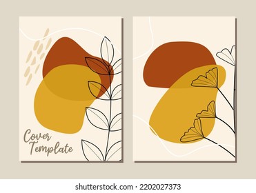 Botanical book cover vector set. boho Foliage line art drawing with abstract shape. can use for print, cover, wallpaper, Minimal and natural wall art.