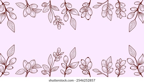 Botanical border with berries and leaves in fine line art on a soft background. Floral design on a pink background. Berry branches and leaves in line art. For invitations, cards, or decorative designs
