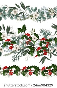 Botanical border with Christmas flowers and elements. Vector