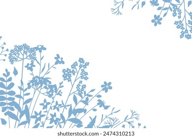 Botanical border with corner silhouettes meadow greenery and flowers. Floral frame with a pattern of wildflowers and herbs. Vector illustration for card, banner, invitation, social media post, poster