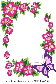 Botanical border with flowers and leaves. Vector illustration