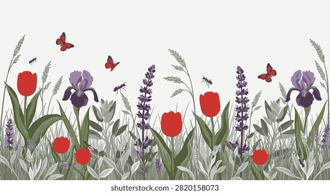 Botanical border illustration featuring red tulips, purple irises, and lavender flowers with wild grasses, orange butterflies, and ants isolated on a white background.