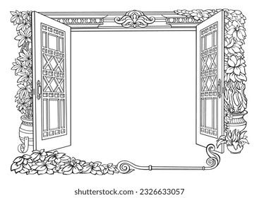 Botanical border with an open door and tropical plants.Vector.