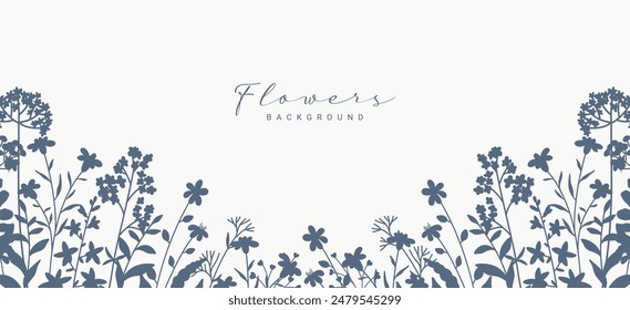 Botanical border with silhouettes meadow greenery and flowers. Floral frame with a pattern of wildflowers and herbs. Vector illustration for card, banner, invitation, social media post, poster