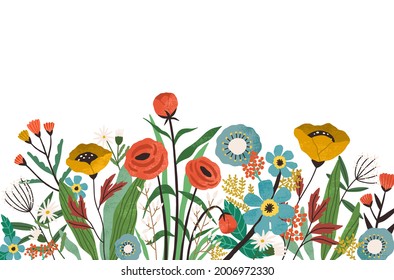 Botanical border with spring blooming flowers and leaves isolated on white background. Banner with floral decoration. Multicolor flowery edge. Colored flat textured vector illustration of wildflowers