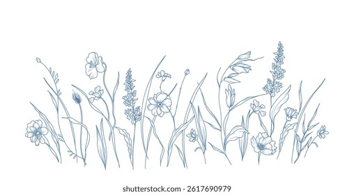Botanical border with trendy meadow greenery and flowers. Hand drawn delicate pattern in line art style for wedding invitation, tattoo, packaging, save the date, greeting card. Vector illustration