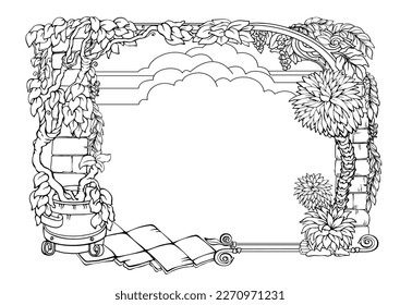 Botanical border with tropical plants. Outline hand-drawn abstract plant frame. Black and white linear design. Isolated floral border. Vintage invitation with trees, branches. Vector illustration.