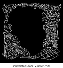 Botanical border with tropical plants. Outline hand-drawn abstract plant frame. Black and white linear design. Isolated floral border. Vintage pattern with flowerpot and flowers. Vector illustration