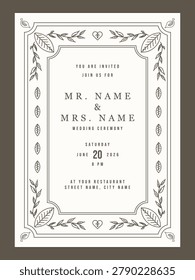 Botanical border wedding invitation design. Wedding ceremony invitation template with leaves ornament.