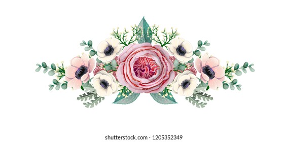 Botanical bouquets with anemone, English rose, eucalyptus, magnolia leaf and other