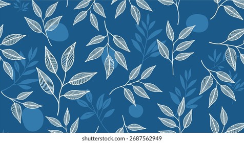 Botanical branch pattern in white on a dark blue background.