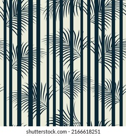 Botanical branches monochrome seamless pattern vintage long plant leaves behind vertical lines natural tropical flora vector illustration