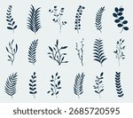 Botanical branches with simple leaves. Dark silhouettes of plants in elegant style. Artwork for nature and decoration