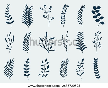Botanical branches with simple leaves. Dark silhouettes of plants in elegant style. Artwork for nature and decoration