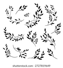 Botanische Zweige, Vektorgrafik-Set, minimale Blumenlinien, Kunstblätter und Zweige, elegante natürliche Gestaltungselemente