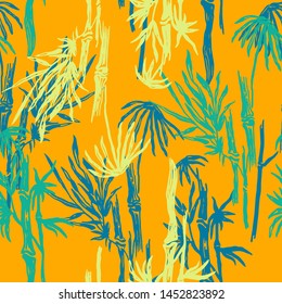 Botanical bright design with neon rainforest plants. Bamboo summer texture with thailand leaves.  Modern yellow seamless pattern. Fashion summer texture. Vector illustration.