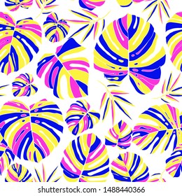 Botanical bright design with neon rainforest plants.  Creative rainbow seamless pattern on white background. Fashion summer texture. Vector illustration.