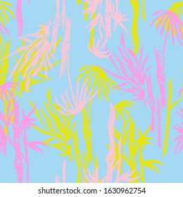Botanical bright design with neon rainforest plants. Bamboo summer texture with thailand leaves.  Hipster neutral pastel seamless patern. Fashion summer texture. Vector illustration.