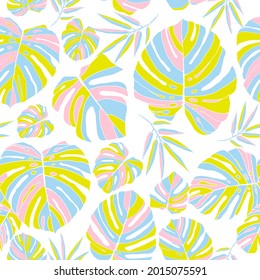 Botanical bright design with neon rainforest plants.  Exotic neutral pastel seamless pattern on white background. Fashion summer texture. Vector illustration.