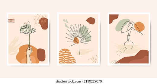 Botanical bundle wall art vector set. Line art leaves drawing with abstract shapes. Abstract Plant Art Design for cover, wallpaper, Minimal and natural wall art. Vector illustration.