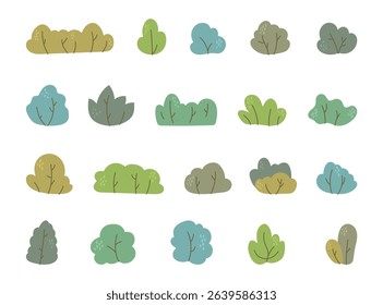 Botanical bush in scandinavian style set with foliage elements for yours garden in natural landscape and forest environment and for creative designs projects, illustration