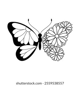 Botanical Butterfly and Daisy Fusion art, Black and White Logo Illustration