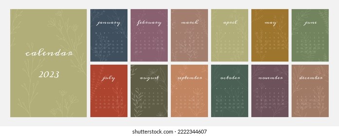 Botanical calendar template for 2023. Vertical design with abstract natural floral branch. Editable illustration page template A4, A3, set of 12 months with cover. Vector mesh. Week starts on Monday.