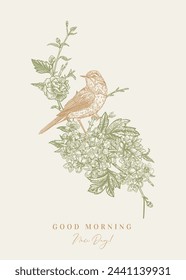 Botanical card with bird and flowers. Spring cherry blossoms. Green and gold.