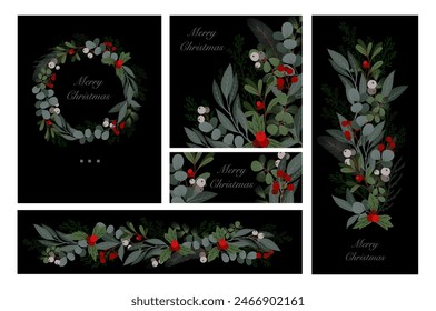 Botanical card with Christmas elements such as fir, holly berry, spruce isolated . Vector