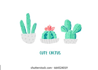 Botanical card with cute cacti on white background. Succulent in doodle style. Vector.