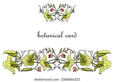 Botanical Card Design with floral elements. Hand drawn green peas plant with leaves and pods isolated on white background. Trendy artistic vector illustration for Birthday Wedding Invitation Greeting 